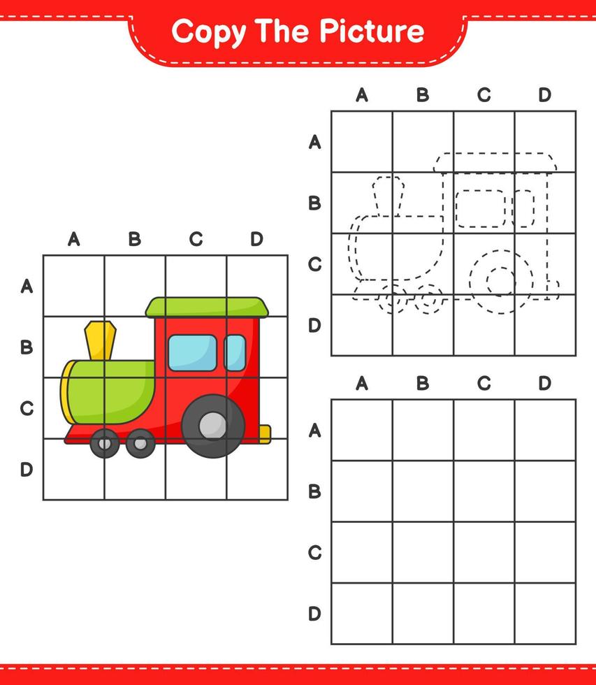 Copy the picture, copy the picture of Train using grid lines. Educational children game, printable worksheet, vector illustration