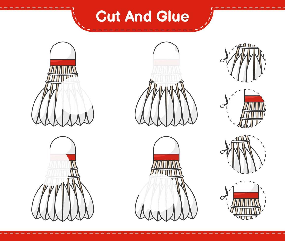 Cut and glue, cut parts of Shuttlecock and glue them. Educational children game, printable worksheet, vector illustration