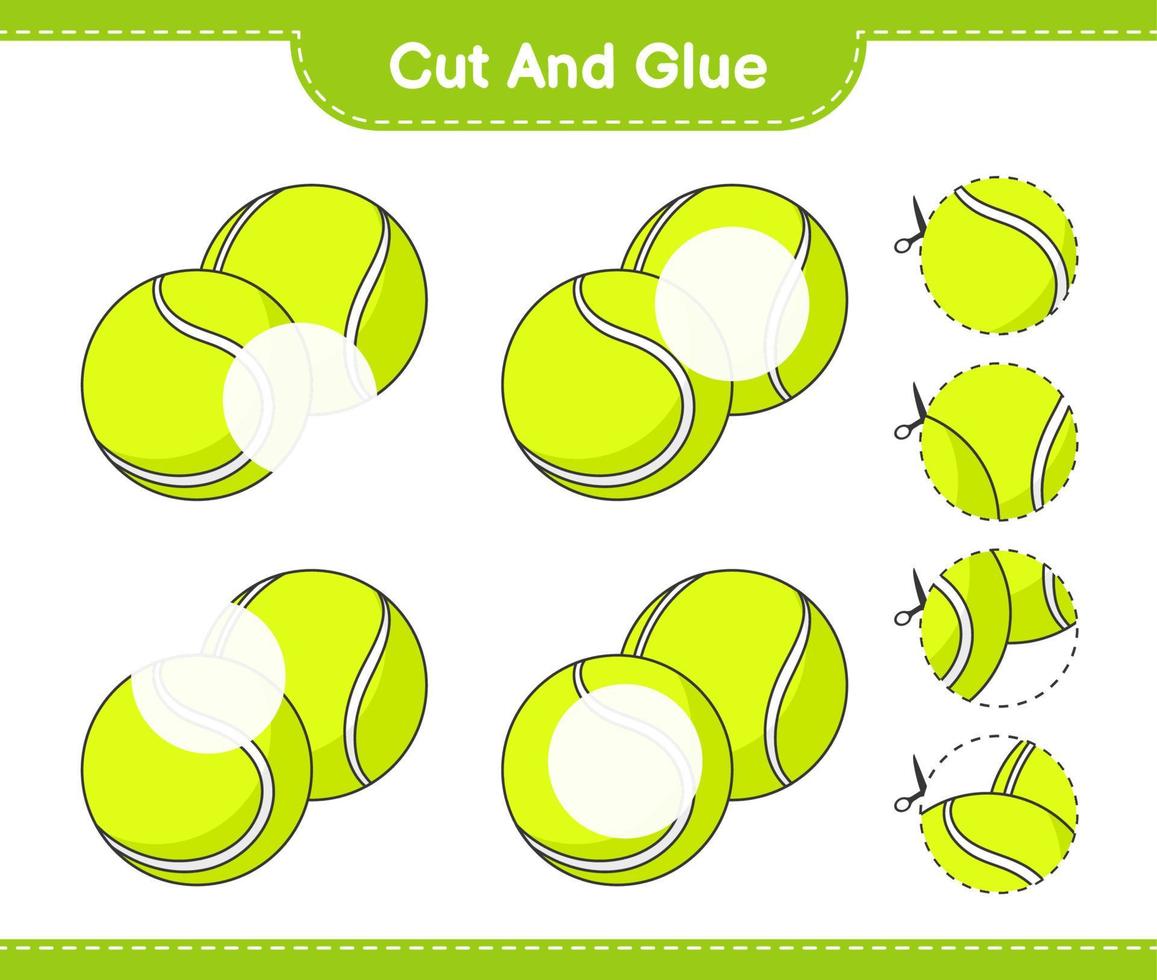 corta y pega, corta partes de la pelota de tenis y pégalas. juego educativo para niños, hoja de cálculo imprimible, ilustración vectorial vector