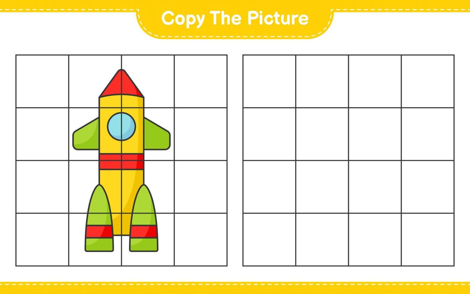 copie la imagen, copie la imagen del cohete usando líneas de cuadrícula. juego educativo para niños, hoja de cálculo imprimible, ilustración vectorial vector