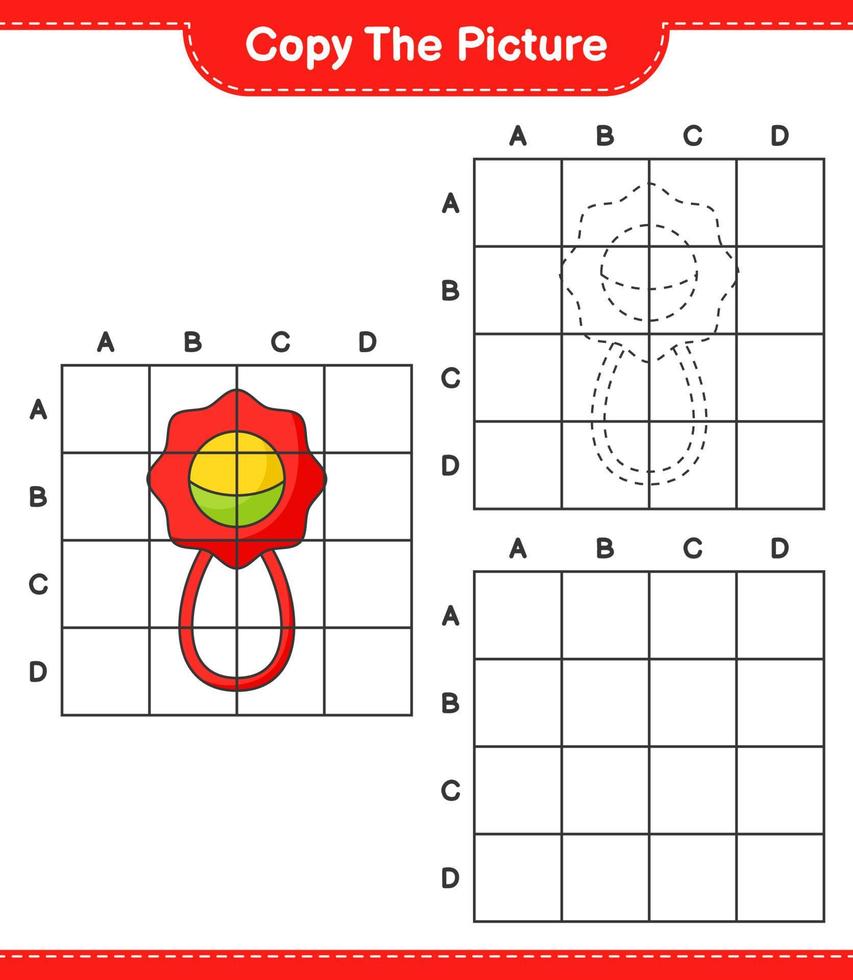 Copy the picture, copy the picture of Baby Rattle using grid lines. Educational children game, printable worksheet, vector illustration