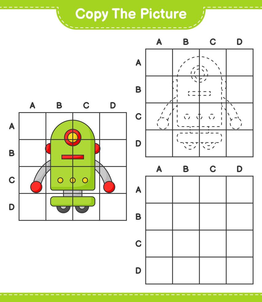 Copy the picture, copy the picture of Robot Character using grid lines. Educational children game, printable worksheet, vector illustration