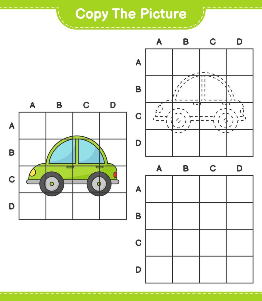 Copy the picture, copy the picture of Car using grid lines. Educational children game, printable worksheet, vector illustration