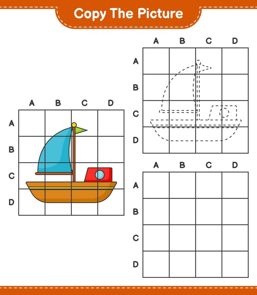 Copy the picture, copy the picture of Boat using grid lines. Educational children game, printable worksheet, vector illustration