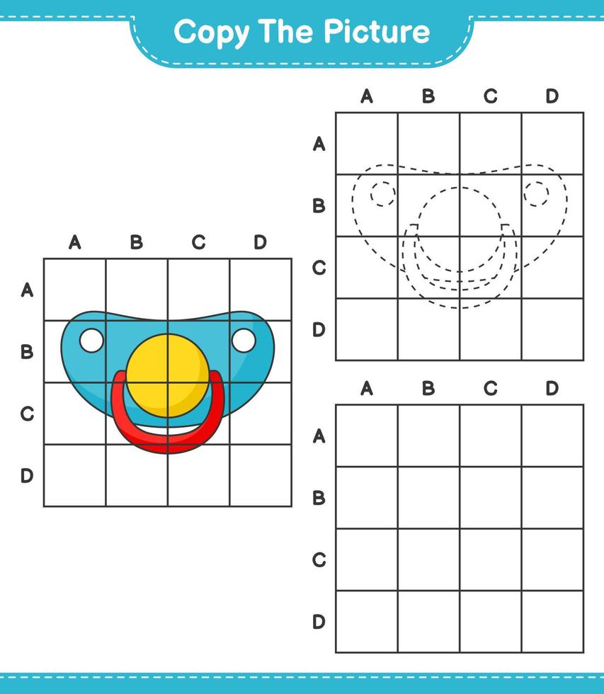 Copy the picture, copy the picture of Pacifier using grid lines. Educational children game, printable worksheet, vector illustration