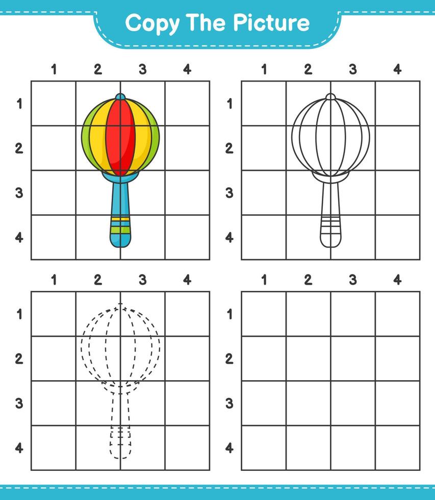 Copy the picture, copy the picture of Baby Rattle using grid lines. Educational children game, printable worksheet, vector illustration