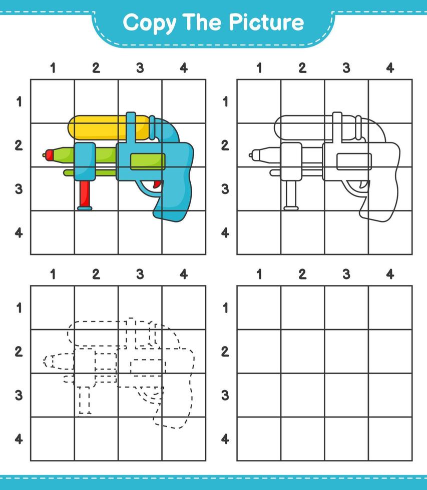 Copy the picture, copy the picture of Water Gun using grid lines. Educational children game, printable worksheet, vector illustration