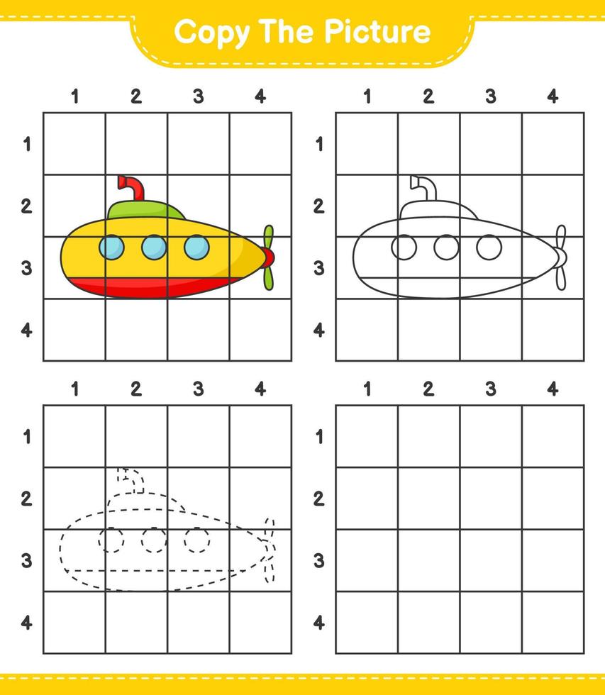 Copy the picture, copy the picture of Submarine using grid lines. Educational children game, printable worksheet, vector illustration