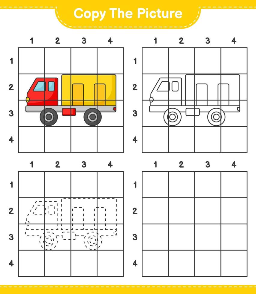 Copy the picture, copy the picture of Lorry using grid lines. Educational children game, printable worksheet, vector illustration