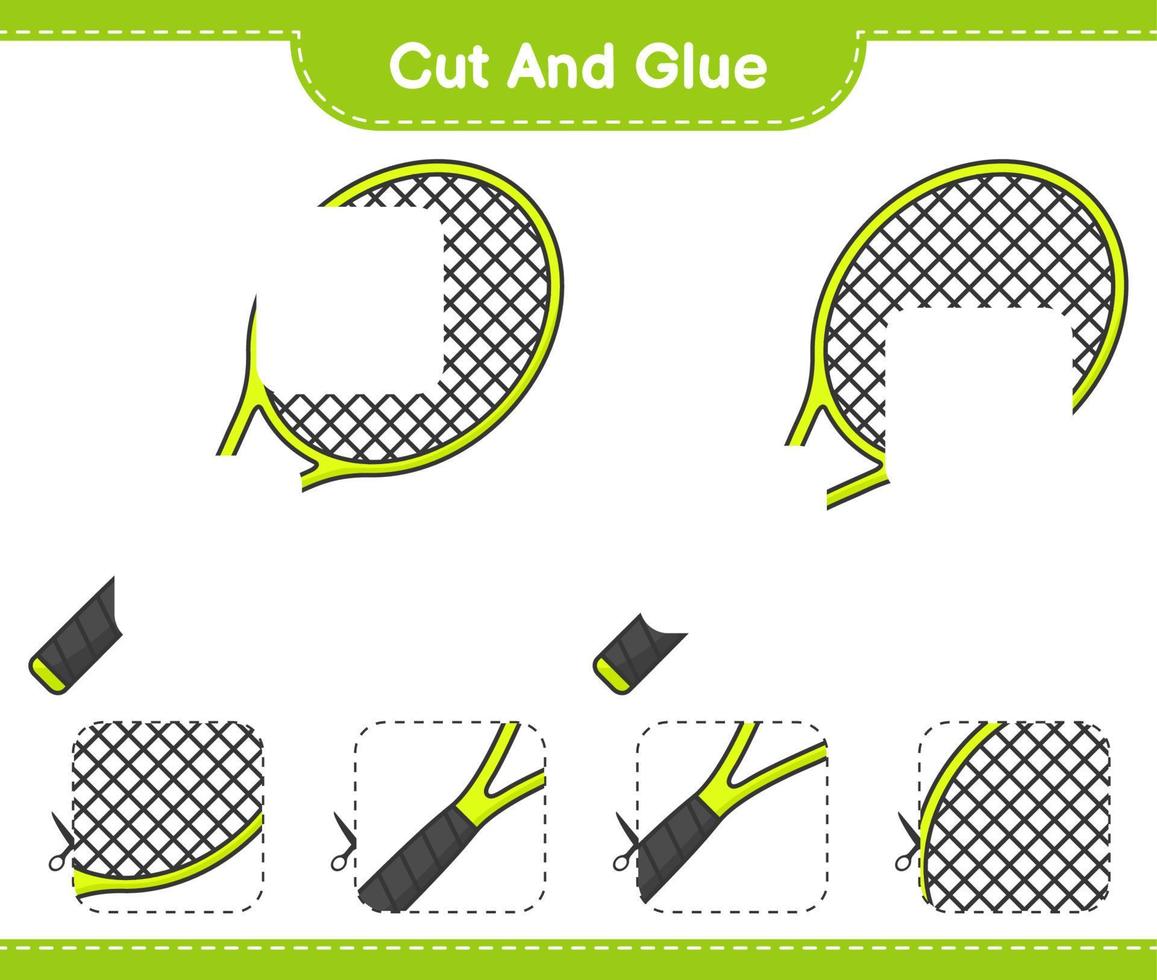 Cut and glue, cut parts of Tennis Racket and glue them. Educational children game, printable worksheet, vector illustration