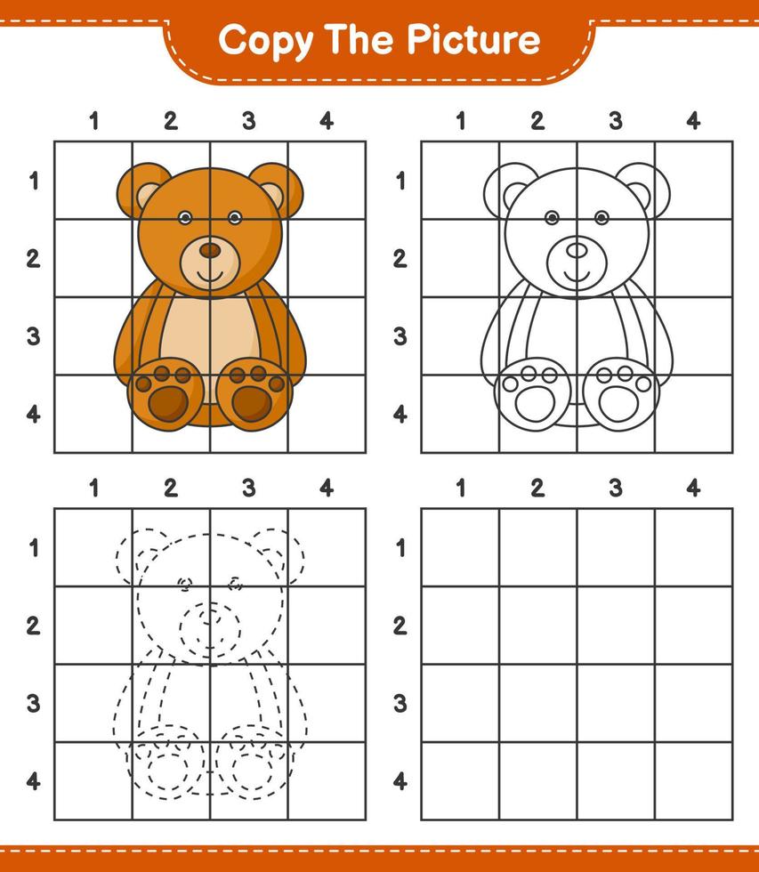 copie la imagen, copie la imagen del oso de peluche usando líneas de cuadrícula. juego educativo para niños, hoja de cálculo imprimible, ilustración vectorial vector