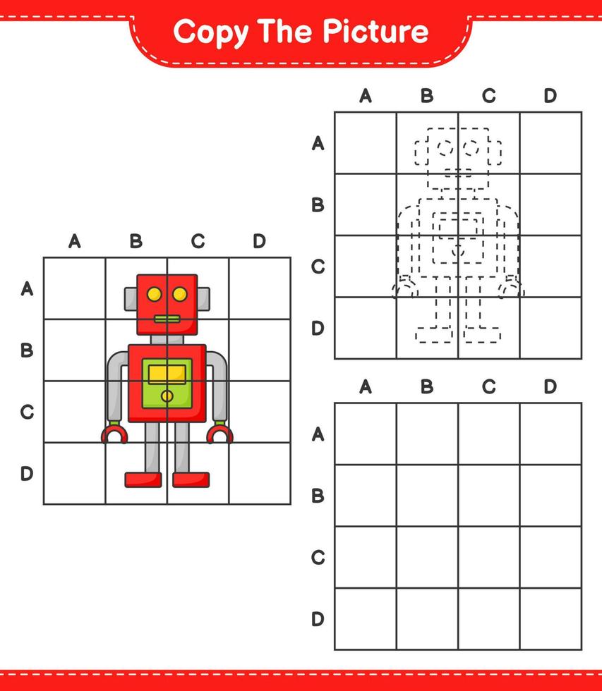 Copy the picture, copy the picture of Robot Character using grid lines. Educational children game, printable worksheet, vector illustration