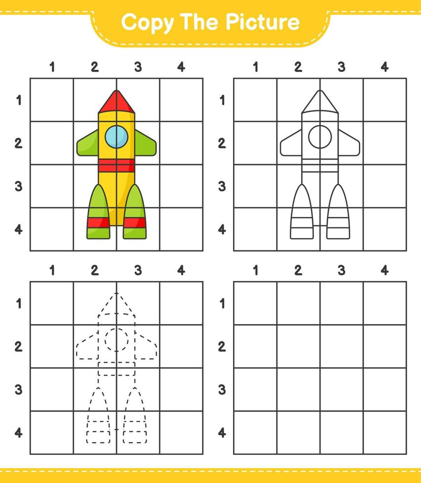 Copy the picture, copy the picture of Rocket using grid lines. Educational children game, printable worksheet, vector illustration