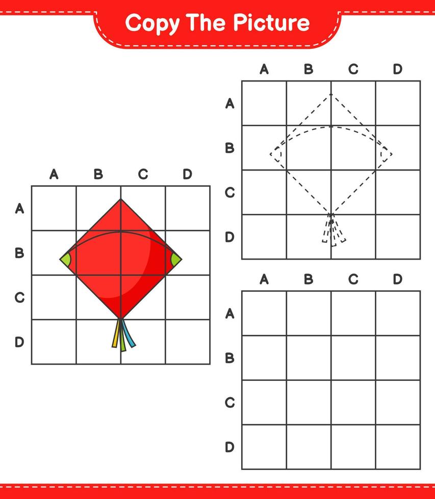 Copy the picture, copy the picture of Kite using grid lines. Educational children game, printable worksheet, vector illustration