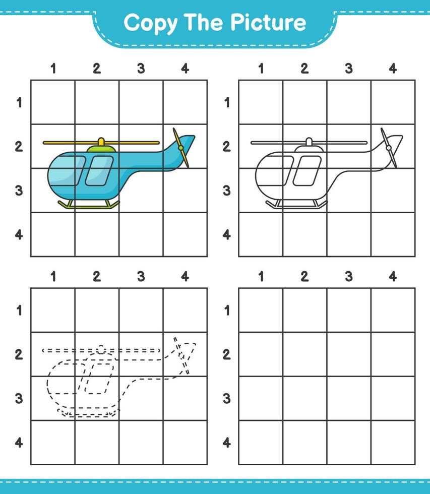 copie la imagen, copie la imagen del helicóptero usando líneas de cuadrícula. juego educativo para niños, hoja de cálculo imprimible, ilustración vectorial vector