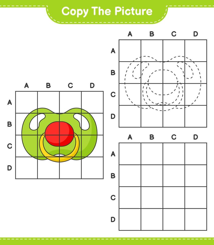 Copy the picture, copy the picture of Pacifier using grid lines. Educational children game, printable worksheet, vector illustration