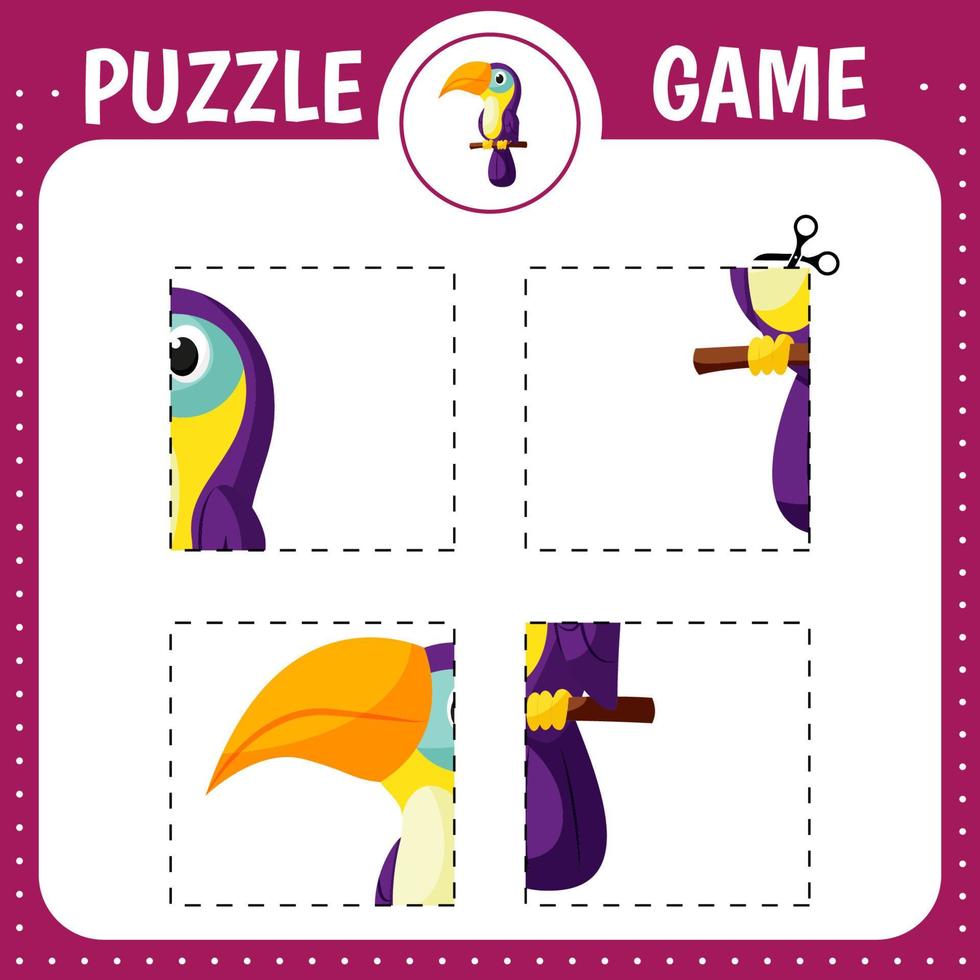 Puzzle game for kids. Cutting practice. Education developing worksheet. Activity page. Cut and glue toucan vector