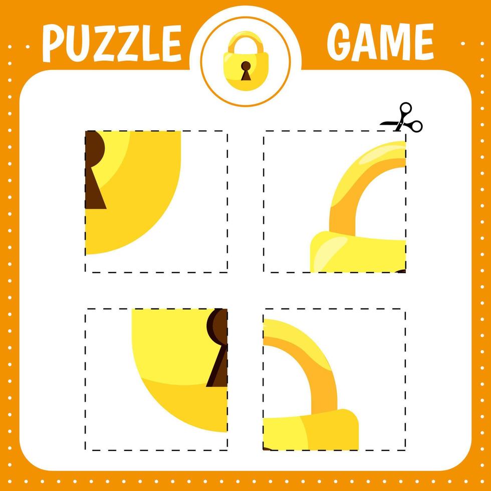 Puzzle game for kids. Cutting practice. Education developing worksheet. Activity page. Cut and glue lock vector