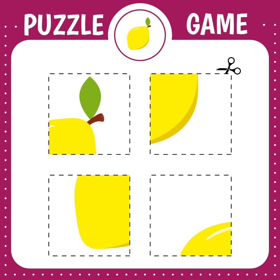 Puzzle game for kids. Cutting practice. Education developing worksheet. Activity page. Cut and glue lemon vector