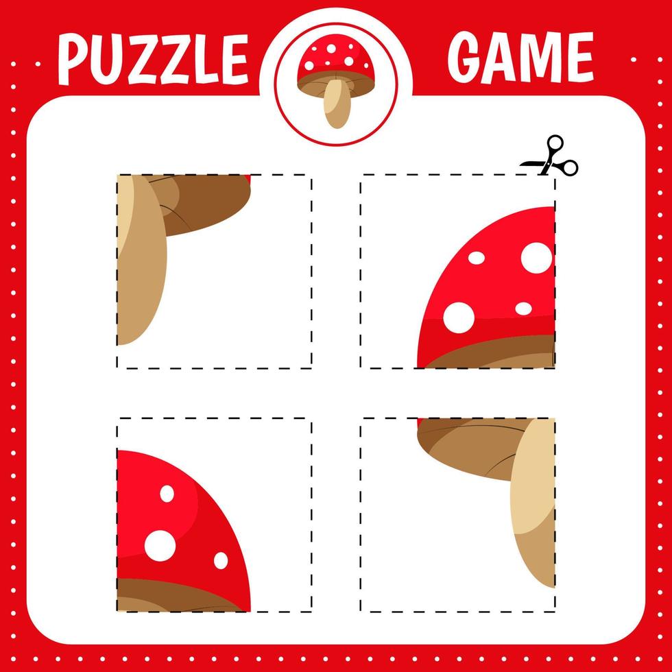 Puzzle game for kids. Cutting practice. Education developing worksheet. Activity page. Cut and glue mushroom. vector