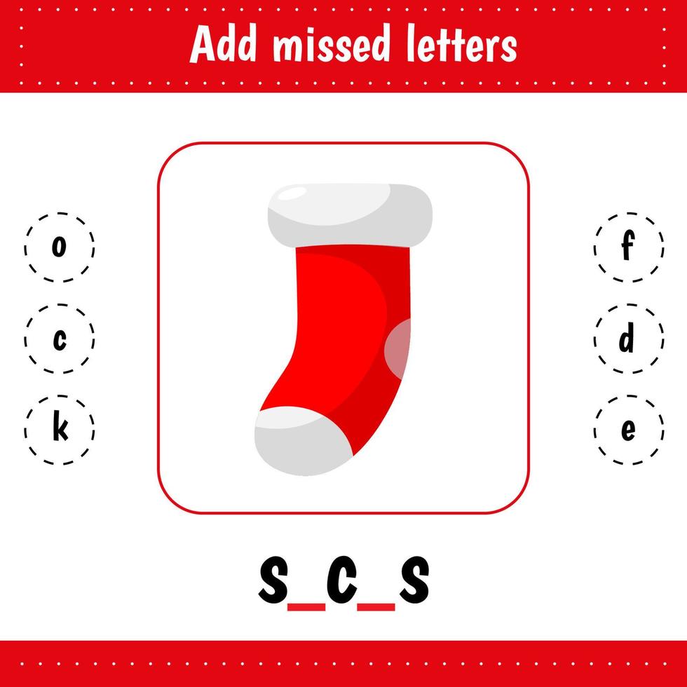 Learning English words. Worksheets for kids education for school and kindergarten. Socks. Add missed letters. Educational worksheet vector