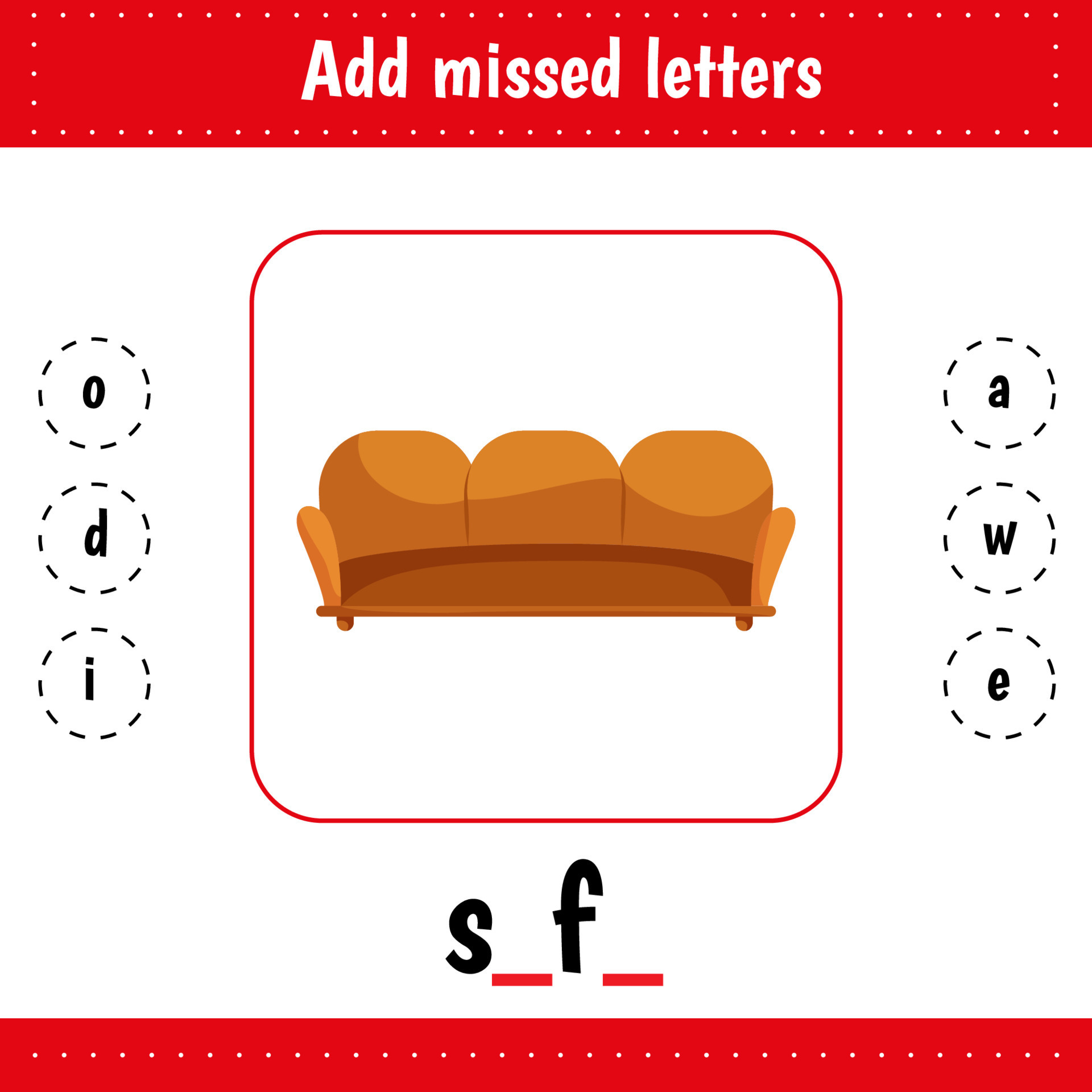 Learning English words. Worksheets for kids education for school and kindergarten. Sofa. Add