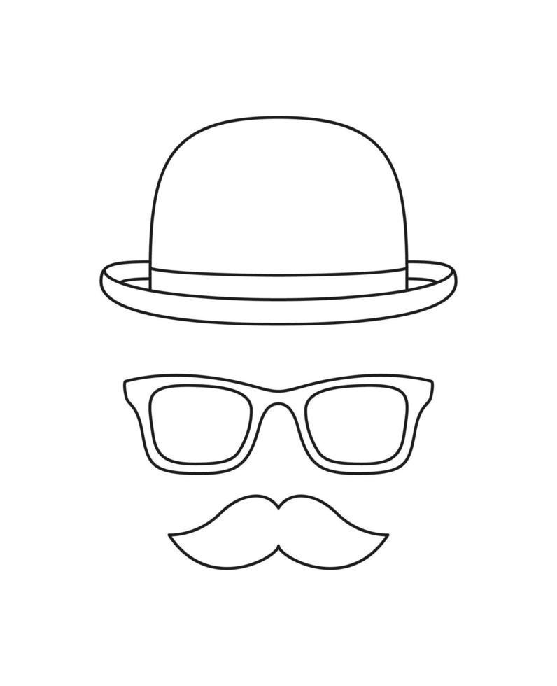 Coloring page with Mustache, Hat, and Glasses for kids vector