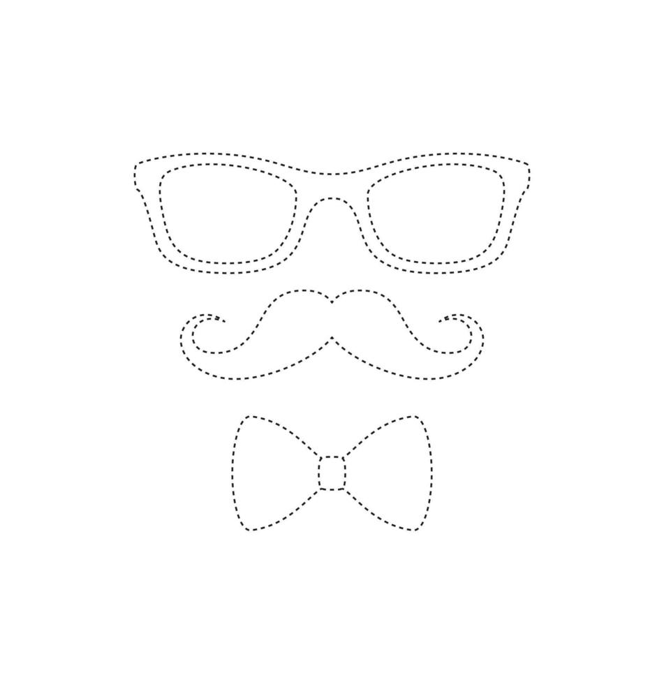 Mustache, Bow Tie, and Glasses tracing worksheet for kids vector