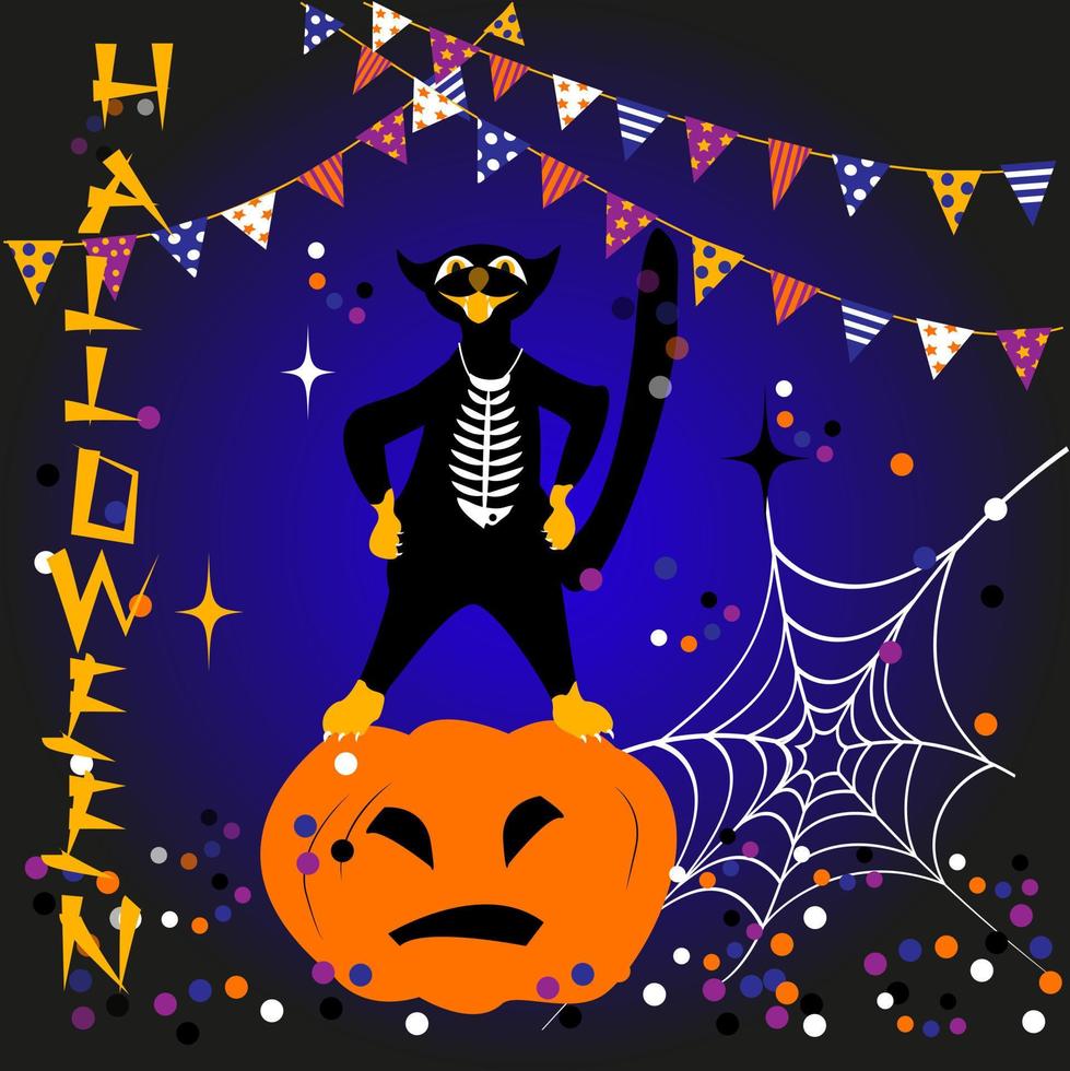 gato negro de halloween y calabaza. fondo colorido para tarjeta de invitación, banner, tarjeta publicitaria. vector