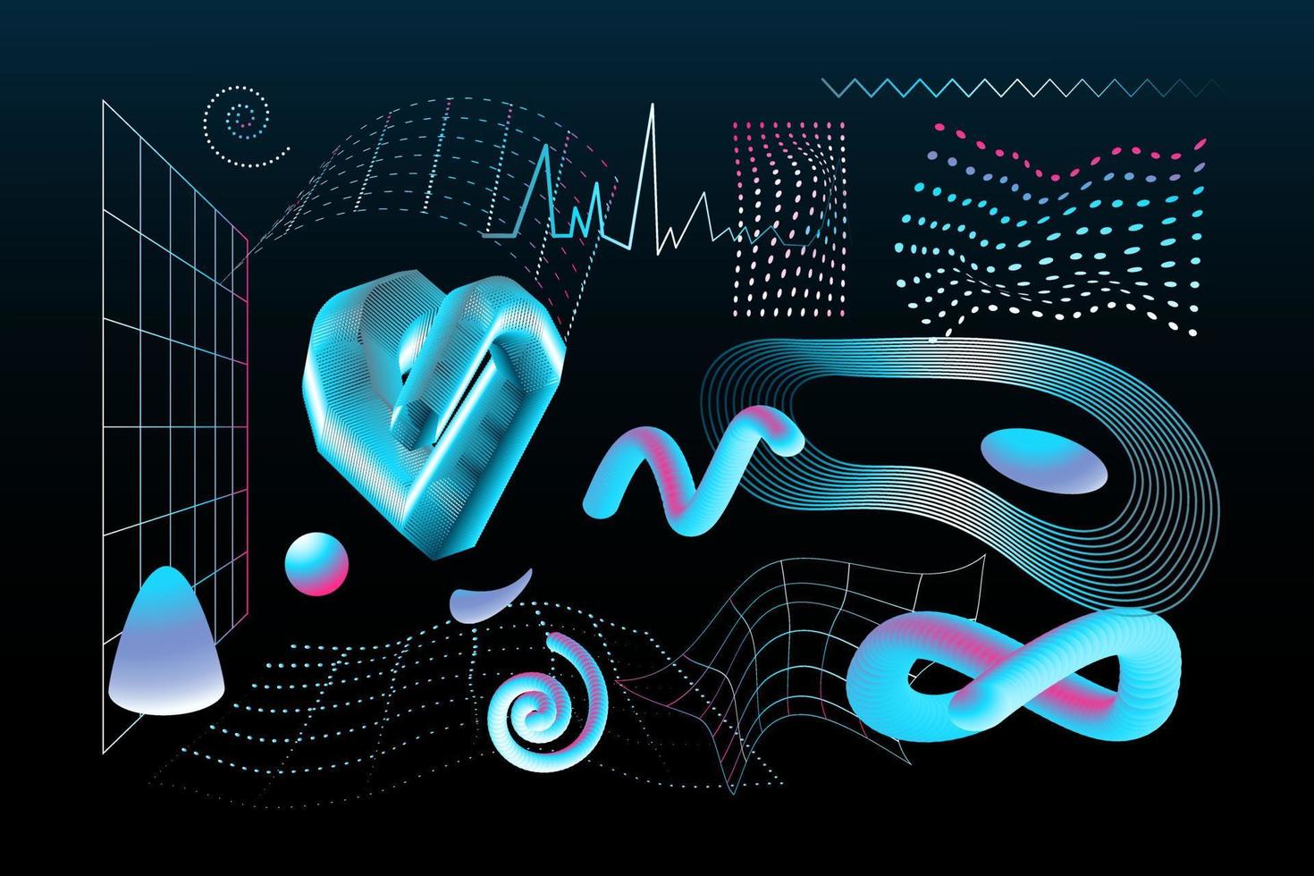 A digital set of abstract holographic forms and modern universal fashionable geometric shapes and 3D and other elements. Vector