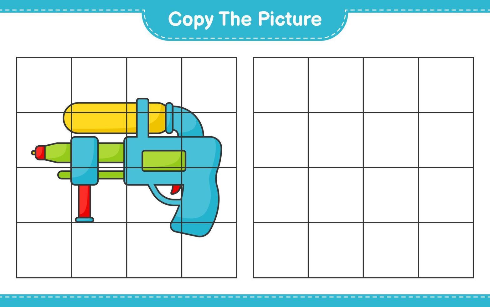 Copy the picture, copy the picture of Water Gun using grid lines. Educational children game, printable worksheet, vector illustration