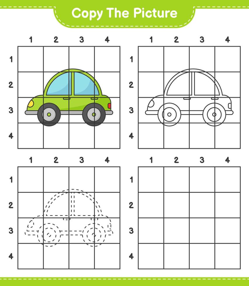 Copy the picture, copy the picture of Car using grid lines. Educational children game, printable worksheet, vector illustration