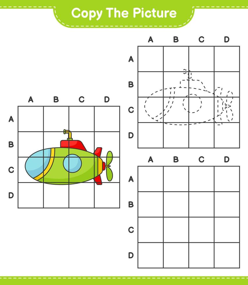 Copy the picture, copy the picture of Submarine using grid lines. Educational children game, printable worksheet, vector illustration