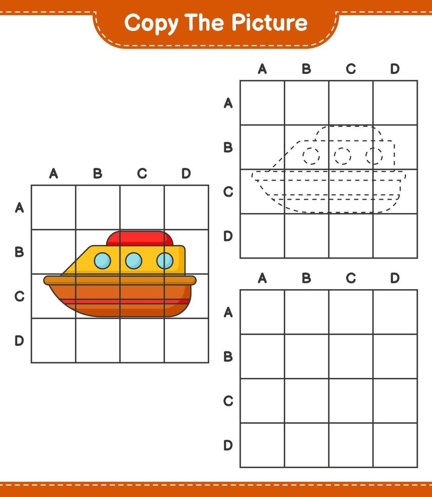 Copy the picture, copy the picture of Boat using grid lines. Educational children game, printable worksheet, vector illustration