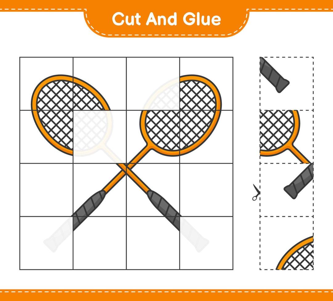 cortar y pegar, cortar partes de raquetas de bádminton y pegarlas. juego educativo para niños, hoja de cálculo imprimible, ilustración vectorial vector