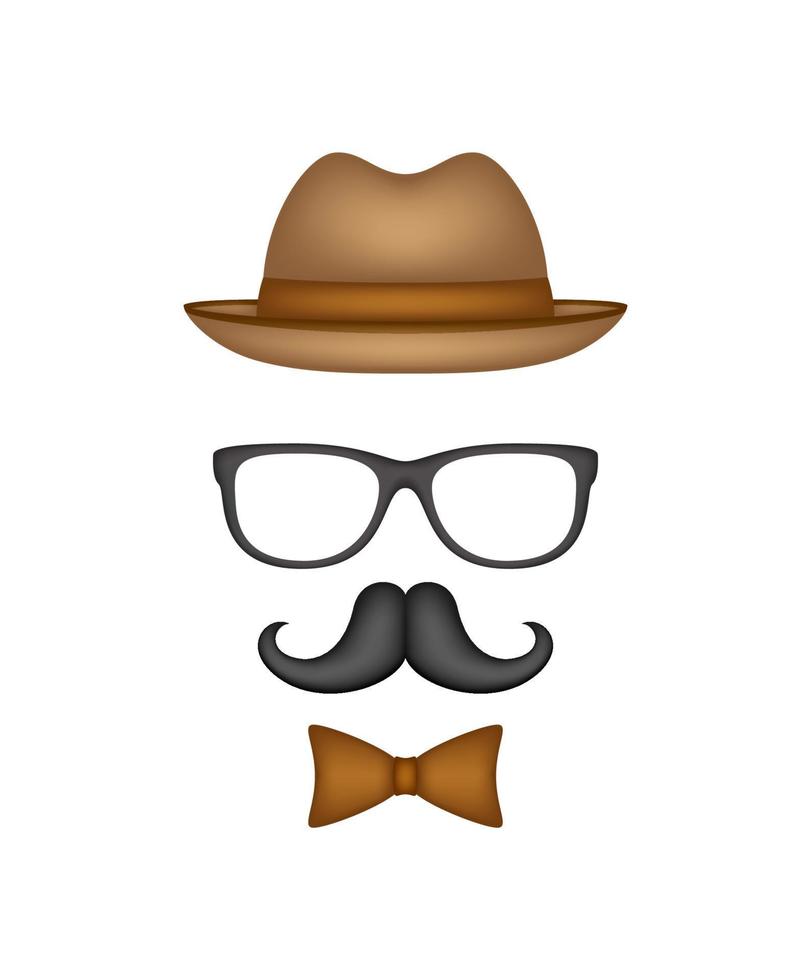 bigote, pajarita, sombrero y gafas aislado sobre fondo blanco. vector