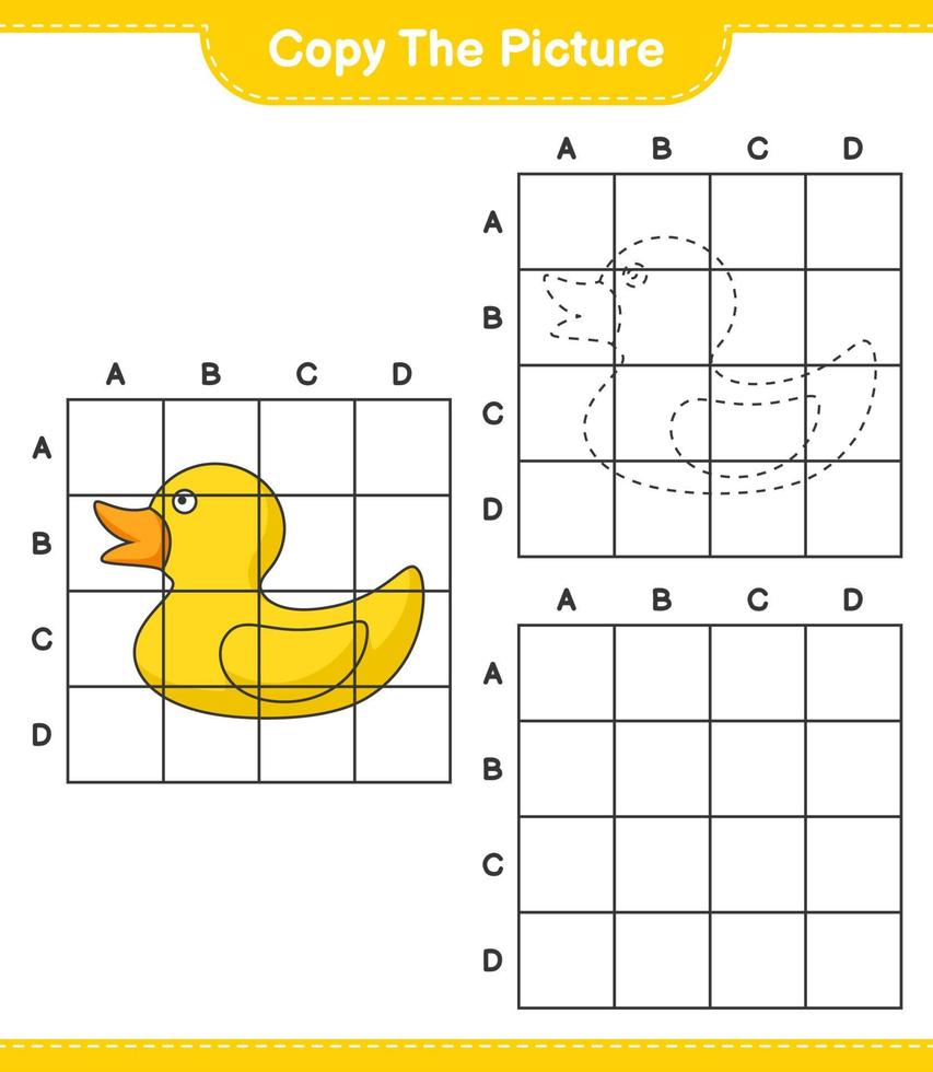 Copy the picture, copy the picture of Rubber Duck using grid lines. Educational children game, printable worksheet, vector illustration