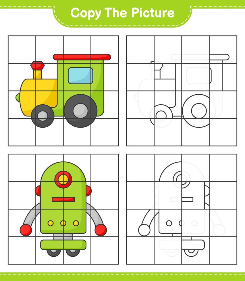 Copy the picture, copy the picture of Train and Robot Character using grid lines. Educational children game, printable worksheet, vector illustration
