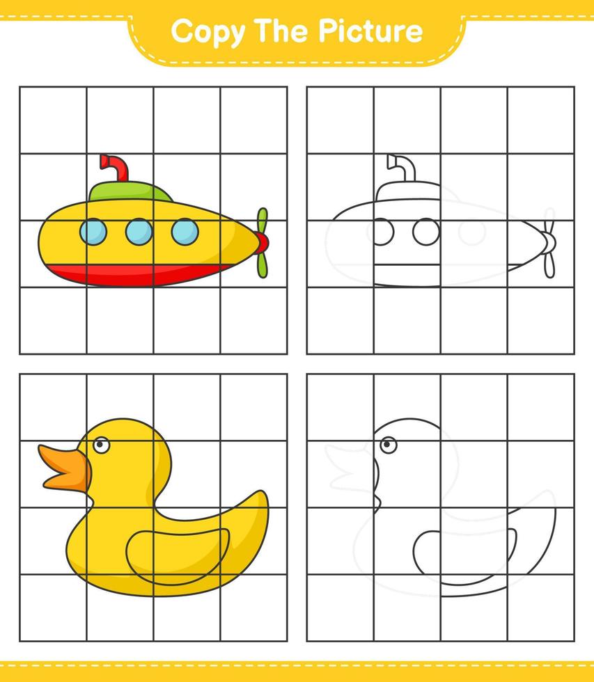 Copy the picture, copy the picture of Submarine and Rubber Duck using grid lines. Educational children game, printable worksheet, vector illustration