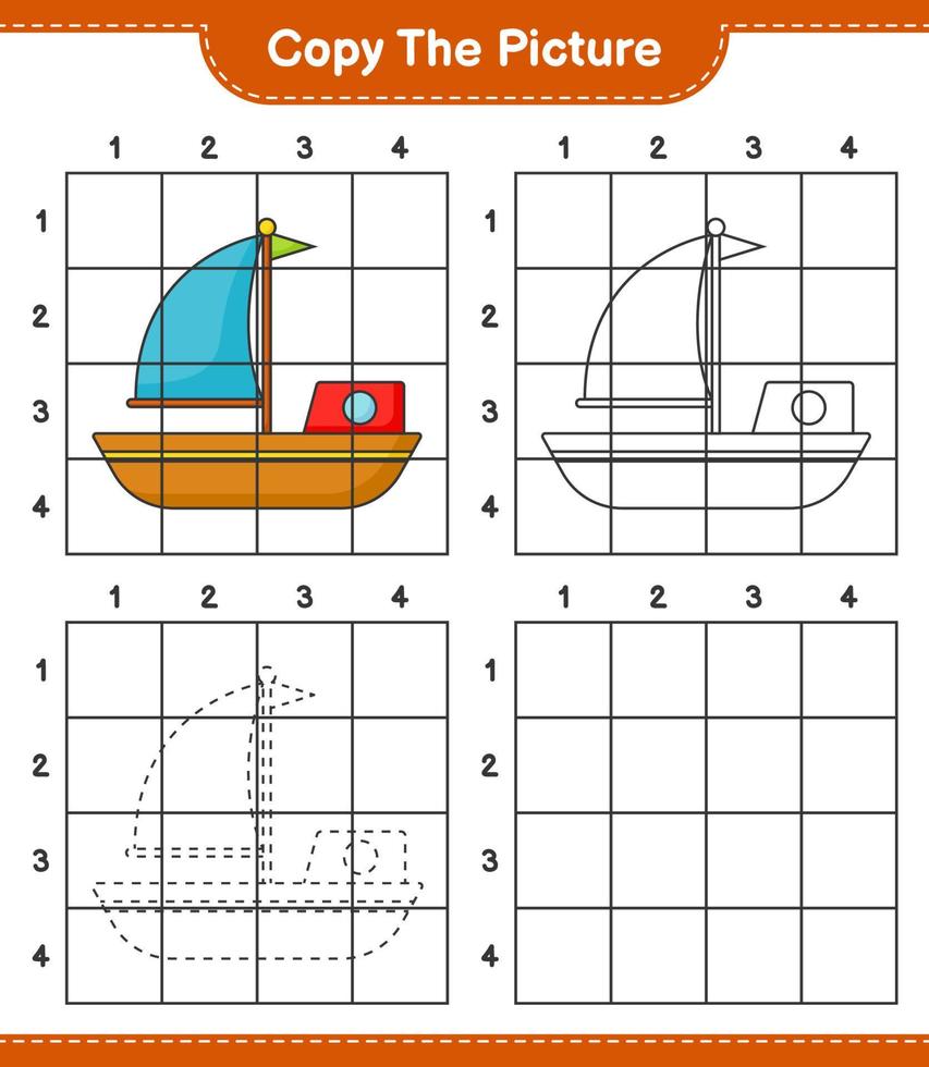 Copy the picture, copy the picture of Boat using grid lines. Educational children game, printable worksheet, vector illustration