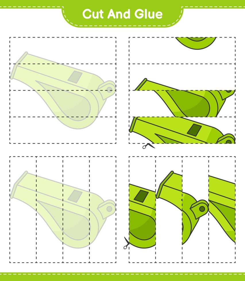 corta y pega, corta partes del silbato y pégalas. juego educativo para niños, hoja de cálculo imprimible, ilustración vectorial vector