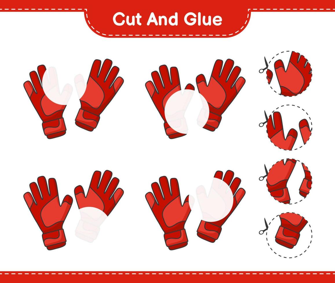 Cut and glue, cut parts of Goalkeeper Gloves and glue them. Educational children game, printable worksheet, vector illustration