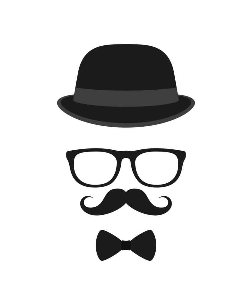 bigote, pajarita, sombrero y gafas aislado sobre fondo blanco. vector