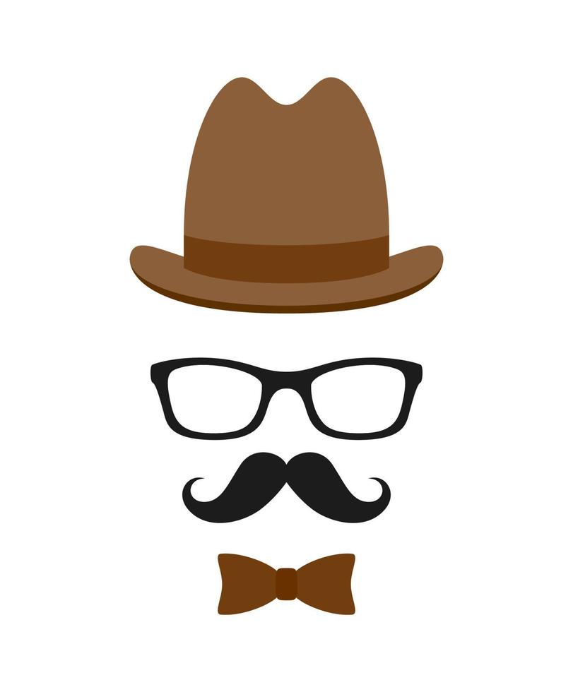 bigote, pajarita, sombrero y gafas aislado sobre fondo blanco. vector