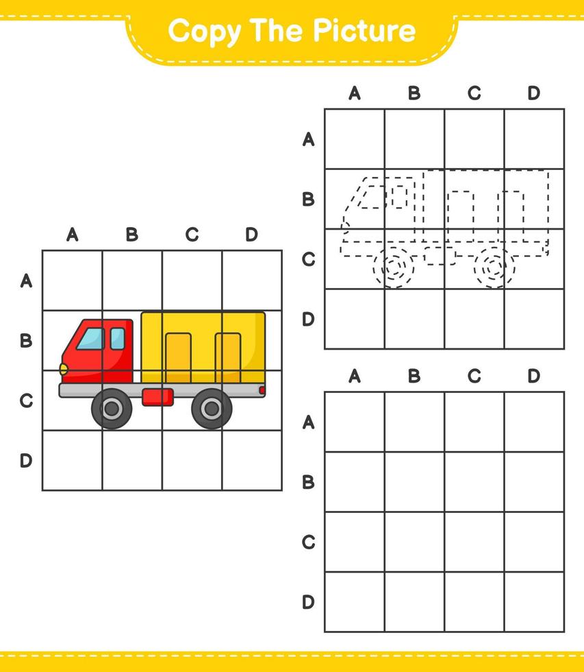 Copy the picture, copy the picture of Lorry using grid lines. Educational children game, printable worksheet, vector illustration