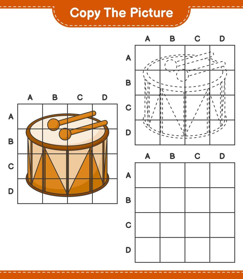 Copy the picture, copy the picture of Drum using grid lines. Educational children game, printable worksheet, vector illustration