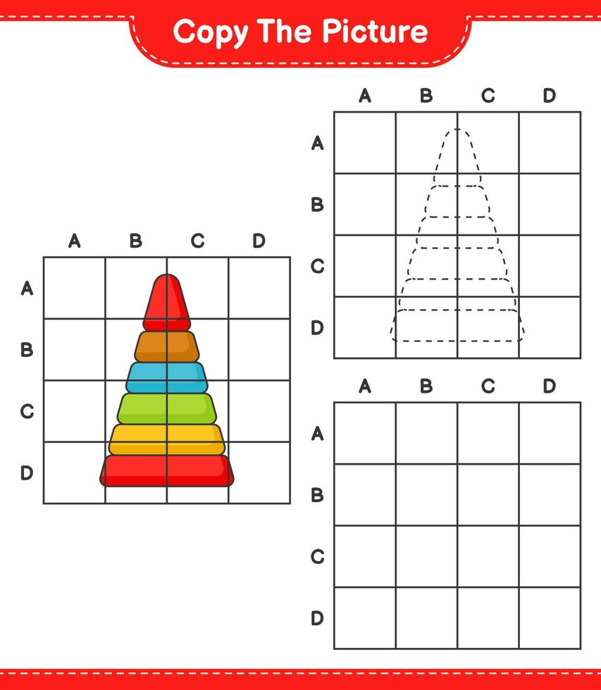 Copy the picture, copy the picture of Pyramid Toy using grid lines. Educational children game, printable worksheet, vector illustration