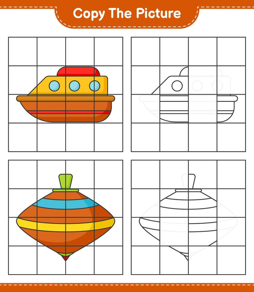 Copy the picture, copy the picture of Boat and Whirligig Toy using grid lines. Educational children game, printable worksheet, vector illustration