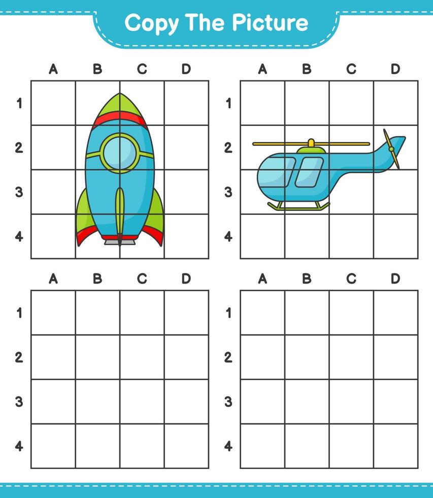 Copy the picture, copy the picture of Rocket and Helicopter using grid lines. Educational children game, printable worksheet, vector illustration