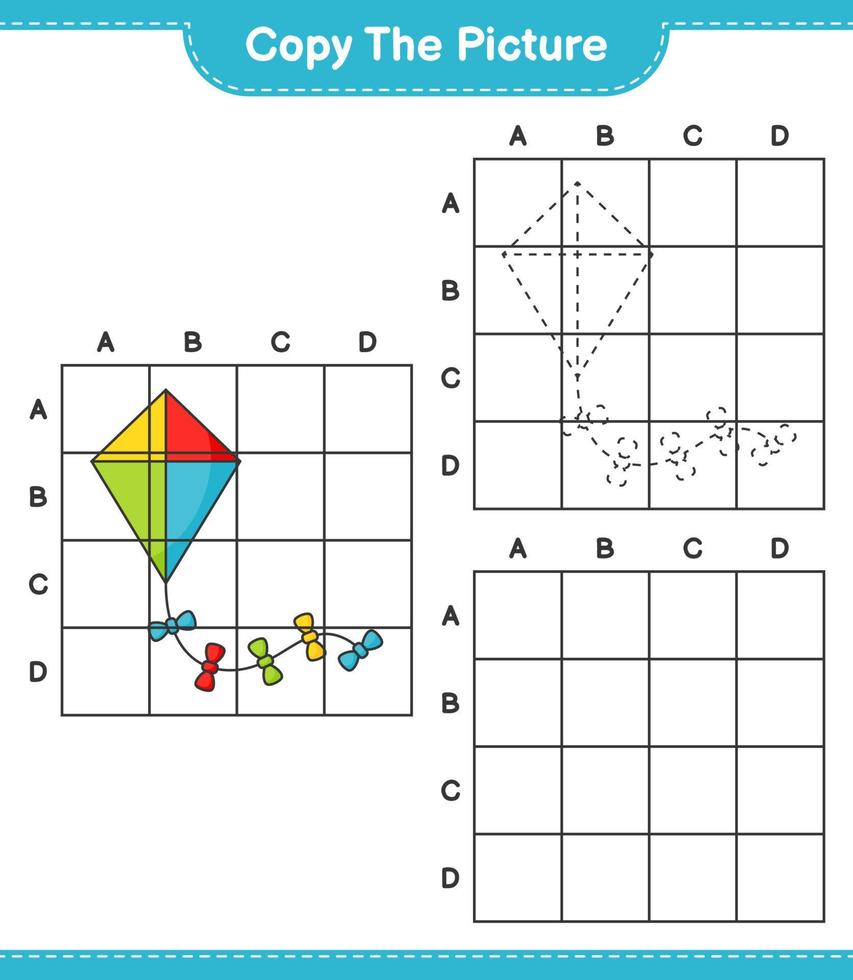 Copy the picture, copy the picture of Kite using grid lines. Educational children game, printable worksheet, vector illustration